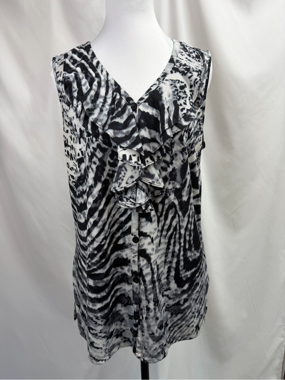 Nine West Separates Zebra Print Ruffle V-Neck Sleeveless Blouse Tank M